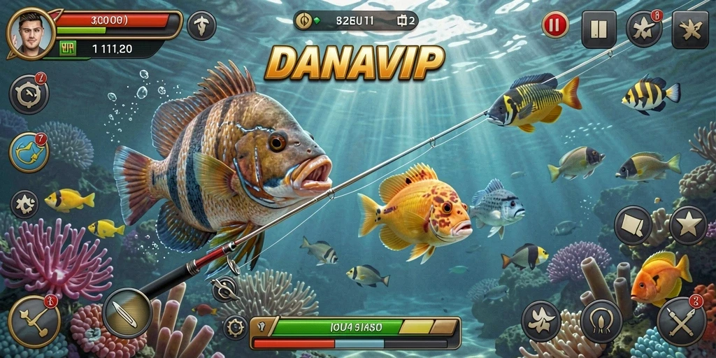 Screenshot utama DANAVIP menampilkan aksi seru menangkap ikan.