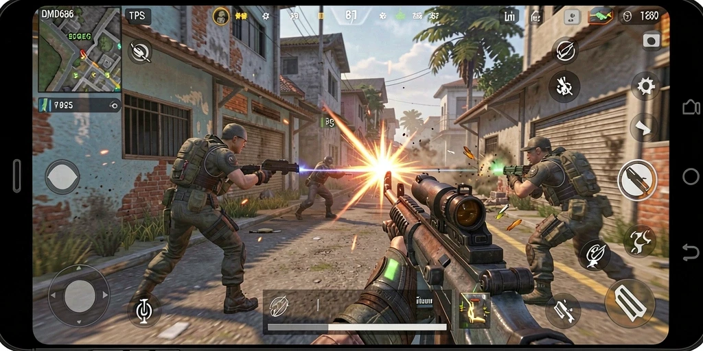 Tampilan gameplay seru dari DMD686 dalam aksi pertarungan TPS.