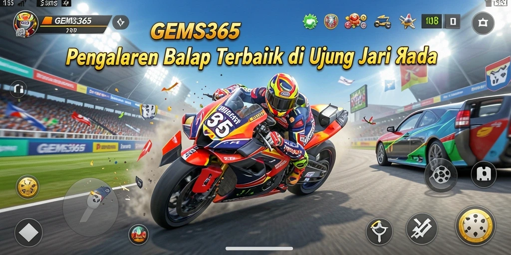 Tangkapan layar gameplay GEMS365 menampilkan mobil balap melaju kencang di trek yang menantang.