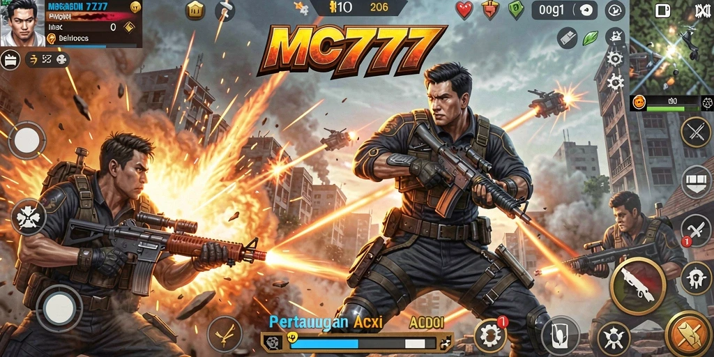 Screenshot dari gameplay <strong>MC777</strong> menunjukkan pertarungan intens dengan grafis menawan.