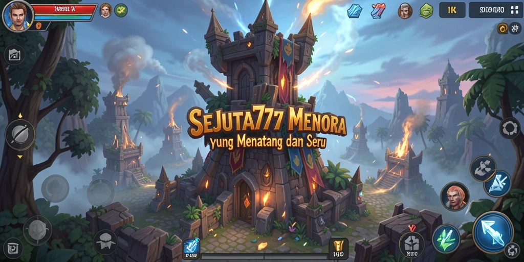 Tampilan gameplay menakjubkan di SEJUTA77 dengan banyak menara dan musuh.